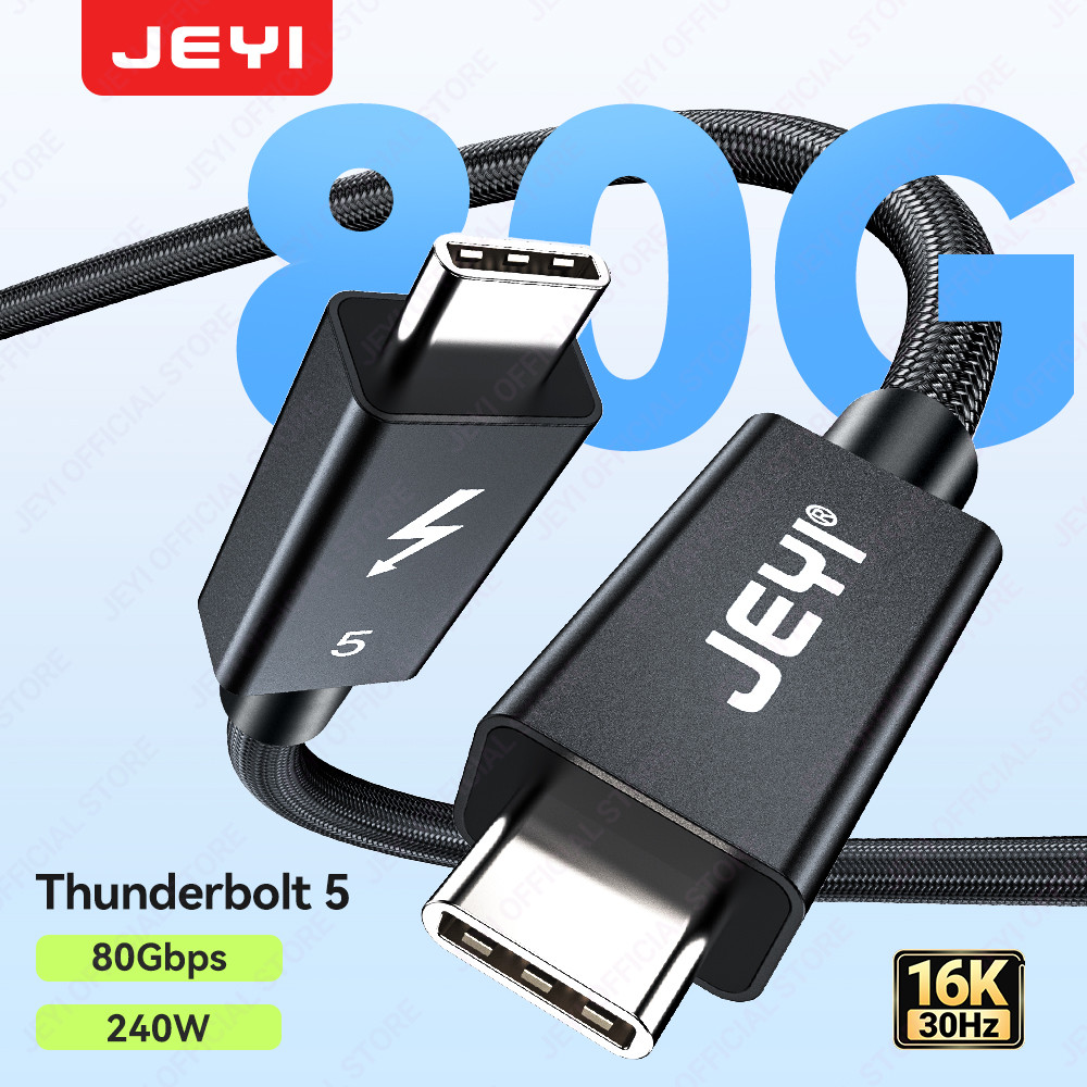 JEYI 80Gbps Thunderbolt 5 [Intel Certified] สายถักไนลอน, แบนด์วิดท์ 120Gbps สําหรับการชาร์จเร็ว 16K Dual 8K, PD 240W