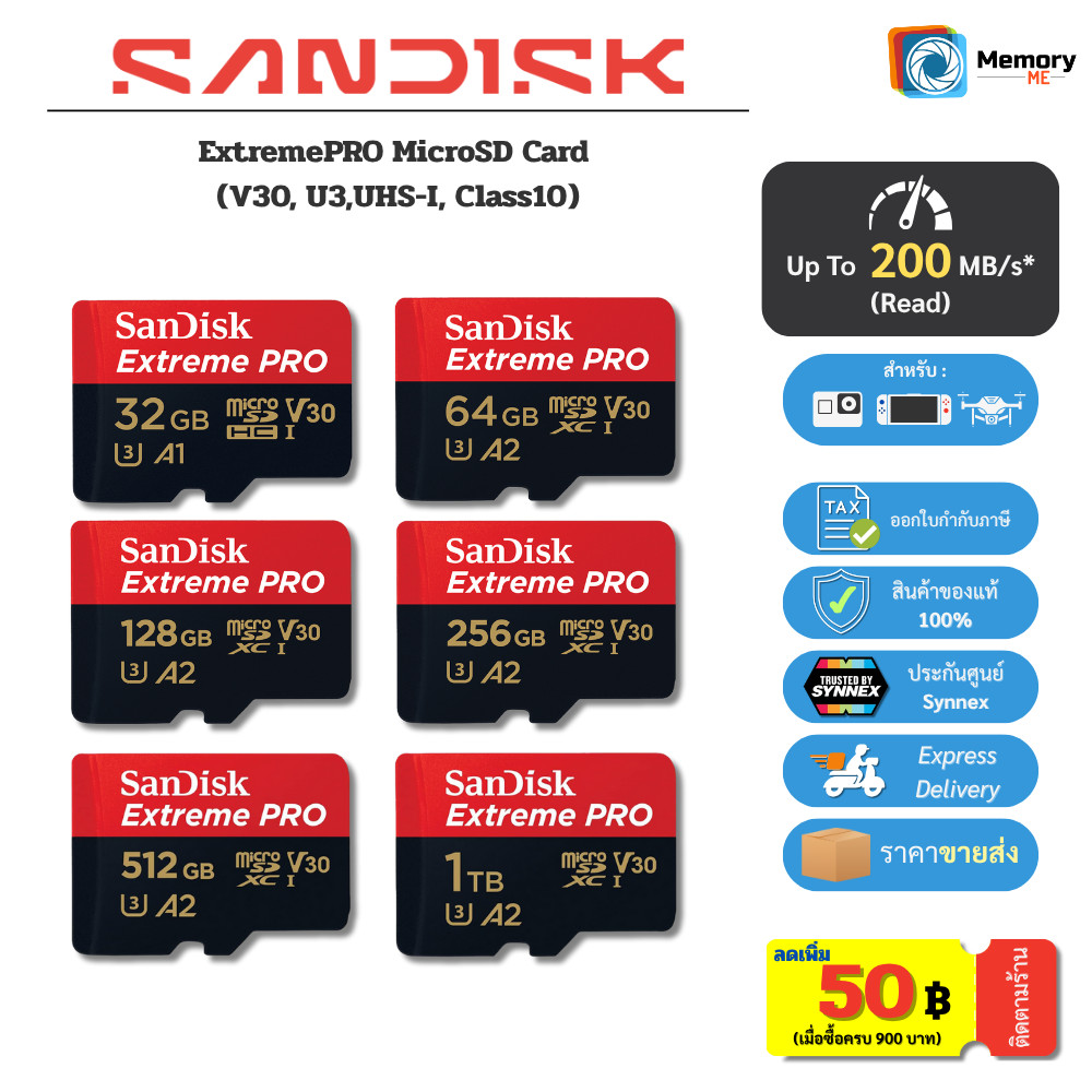 (ส่งด่วน) SANDISK Micro SDcard Extreme Pro 32GB/64GB/128GB/256GB (200MB) UHS-I V30 U3 เมม Memory car