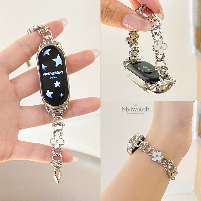 Clover Diamond Encrusted Metal Chain Starp สําหรับ iWatch series 11 10 9 S8 7 6 SE 5 4 3 42 มม.49 มม.46 มม.45 มม.44 มม.41 มม.40 มม.38 แฟนตาซีหวานสุภาพสตรีสายรัดข้อมือสําหรับ xiaomi NFC 10 9 8 Pro