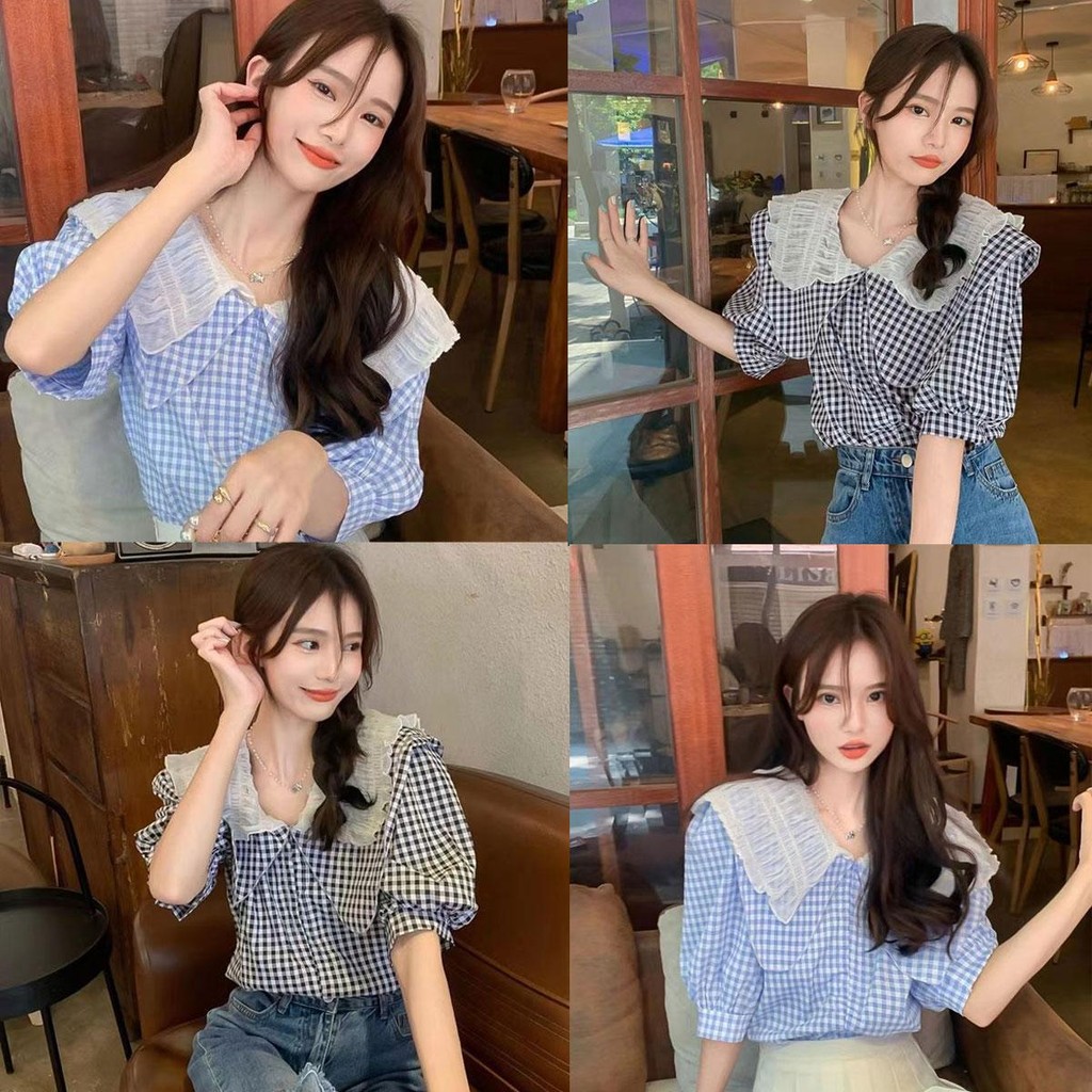 Dahong ใหม่ เสื้อเชิ้ตแขนพัฟ สั้น คอปก เสื้อเชิ้ตคอปกเด็กผู้หญิง สไตล์ฝรั่งเศส แฟชั่นเกาหลี 99119