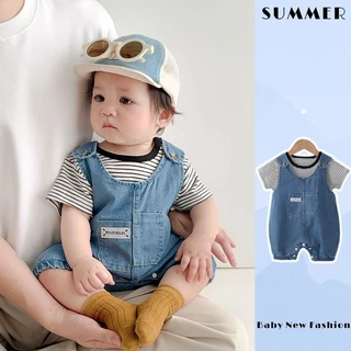 ฤดูร้อนใหม่เสื้อผ้าเด็ก บาง ชุดเด็ก เดนิม เครื่องมือบอดี้สูทสองชิ้น 4-42 เดือนเด็กสบายระบายอากาศแฟชั่นลายด้านบน + ง่าย ชุดเอี๊ยม ชุดรอมเปอร์ สไตล์เกาหล