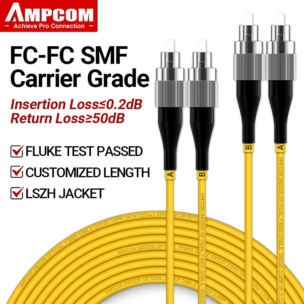 AMPCOM OS2 FC-FC Simplex สายไฟเบอร์ออปติก 1G Gigabit Singlemode 9/125μm LSZH 2.0mm 3.0mm (1-30M) UPC Fiber Optic Jumper รองรับการปรับแต่ง