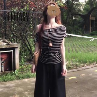 JUNNOVGAL ผู้หญิง  Striped Skew Collar แขนสั้นแฟชั่นทุกวัน C…