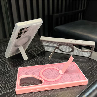 เคสโทรศัพท์ตาข่ายกลวงสําหรับ Samsung S25 S24 S23 S22 Ultra/Plus S24FE S25EDGE การกระจายความร้อนฝาครอบป้องกันแม่เหล็กวงเล็บโลหะ anti drop shell