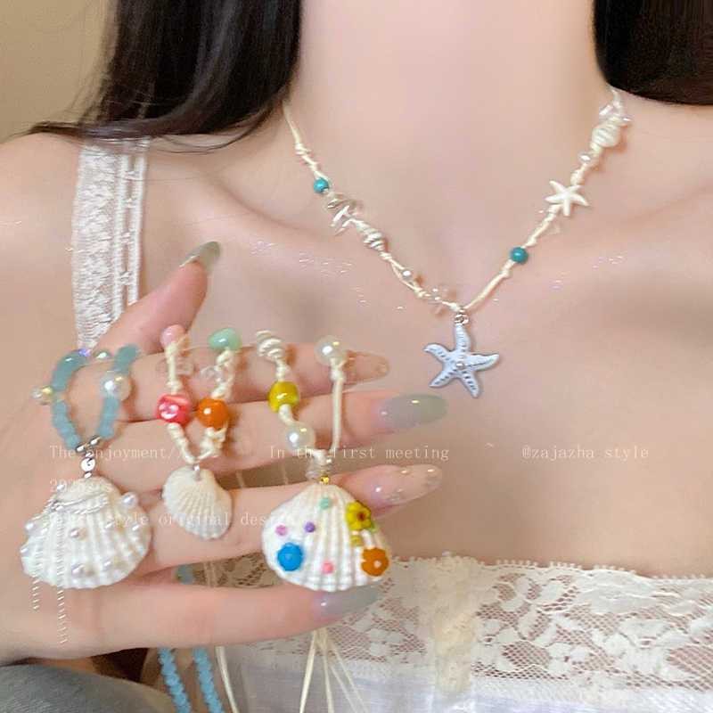 สร้อยคอมุกคริสตัลดีไซน์ปลาดาวสำหรับผู้หญิง สไตล์แฟชั่นชายหาด