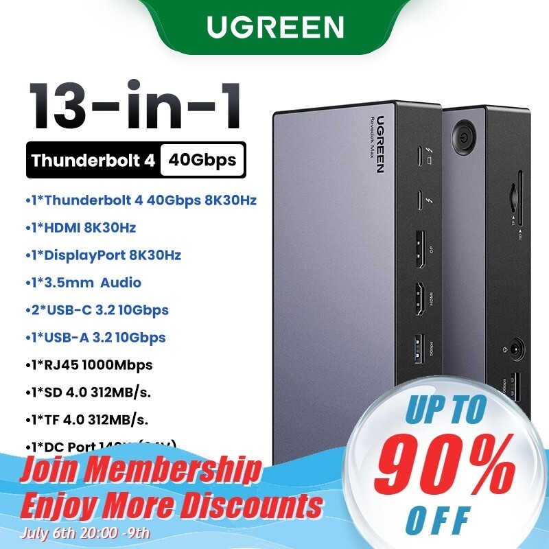 Ugreen 13in1 Thunderbolt 4 140W ชาร์จ Docking Hub 8K@30Hz HDMI DP1.4 USBC USBA TF & SD4.0 Dock Hub ส