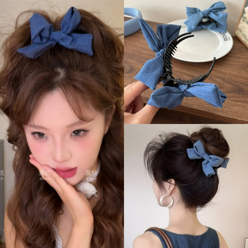 กิ๊บติดผมทรงโบว์บอล สีฟ้าดีนิม สำหรับตกแต่งผมของสาวๆ