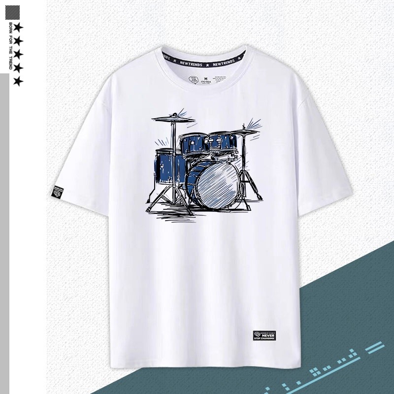 เสื้อยืดแขนสั้นผ้าฝ้ายแท้ สไตล์ร็อก พร้อมลายพิมพ์กลองสำหรับทั้งผู้ชายและผู้หญิง