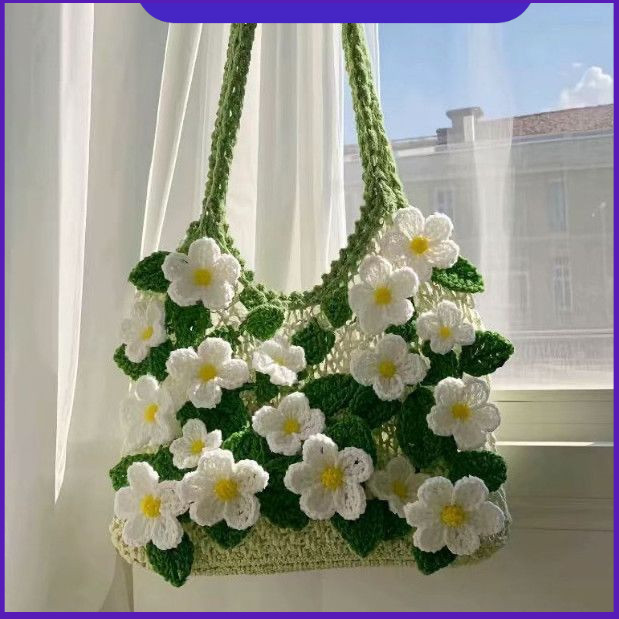 diy Handmade Crochet Jasmine Flower Knitted Single Shoulder Bag Yarn Jasmine Flower Material Bag
