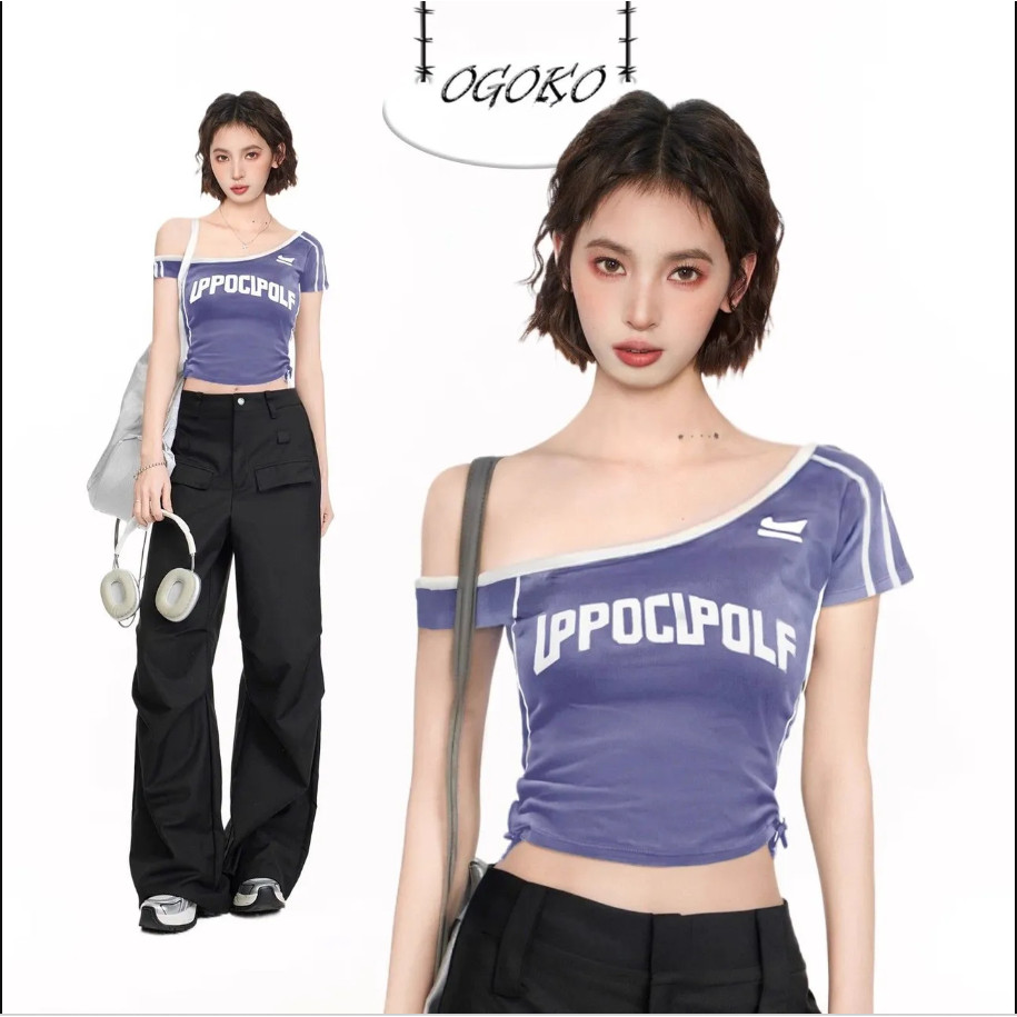 เสื้อยืดแขนสั้นเปิดไหล่สไตล์อเมริกันสำหรับผู้หญิง ทรงเข้ารูป พิเศษพร้อมเสื้อสะดือ