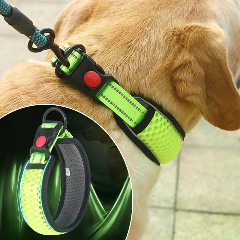 ปลอกคอสุนัขสะท้อนแสง Night Safety Honeycomb Net Breathable Collars Anti Choke Cushion Breathable Nylon Pet Collar ปรับได้