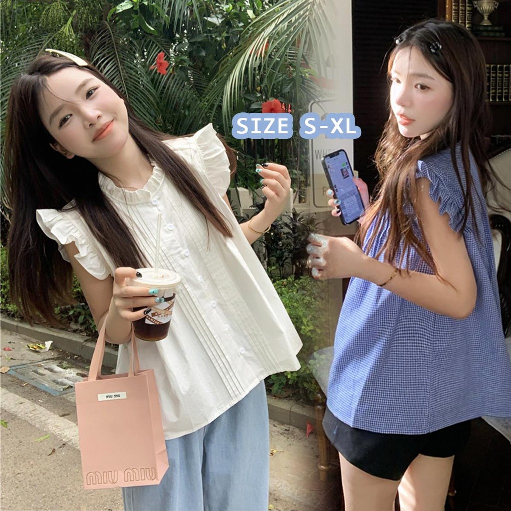 Chili Koko เสื้อเชิ้ตผ้าเช็ดลายสีฟ้าแขนกระบอกปีกบินด้วยเสื้อปกหงายสำหรับผู้หญิง เสื้อแขนกุดผู้หญิง W623