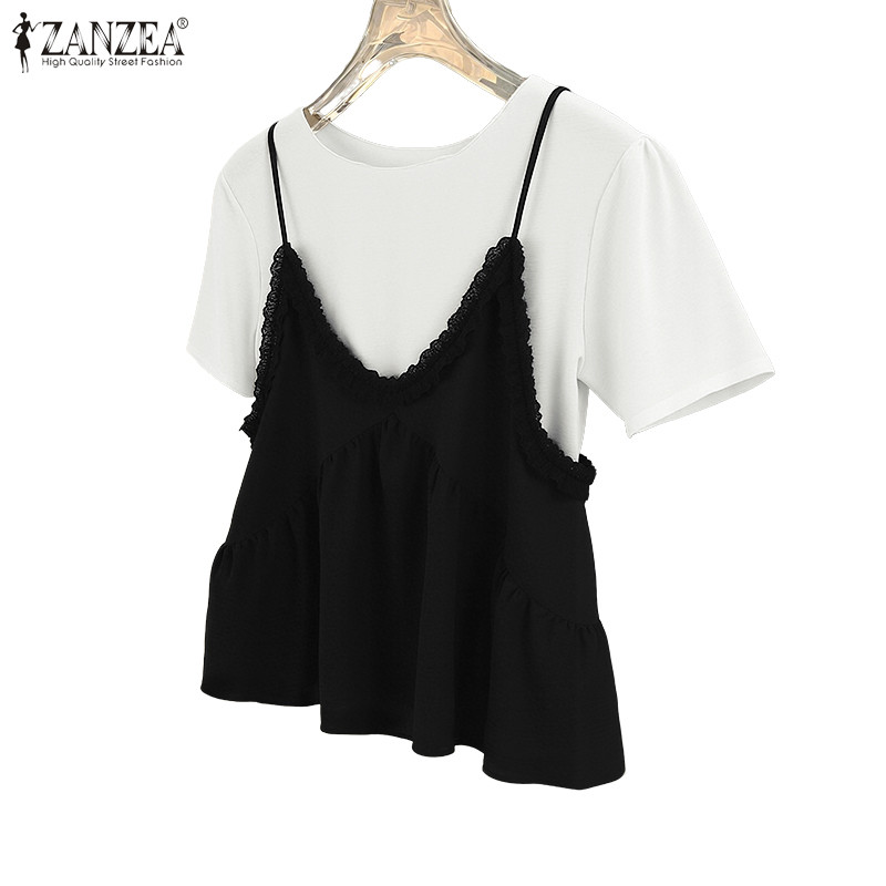 ZANZEA เสื้อยืดแขนสั้นสำหรับผู้หญิง อกกลมและชายเสื้อริบบอนแบบแคชวล