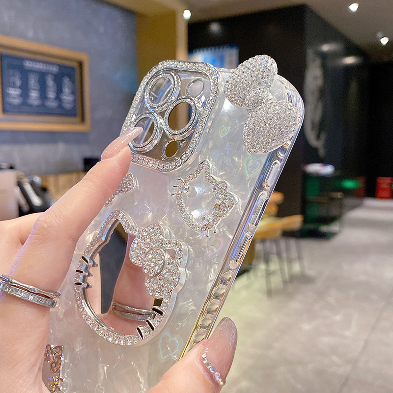 IMD รูปแบบเลเซอร์เคสโทรศัพท์สําหรับ iPhone 17 15 16 14 13 11 12 Pro Max กระจกน่ารัก Kitty Cat 3D โบว์ฝาครอบป้องกัน