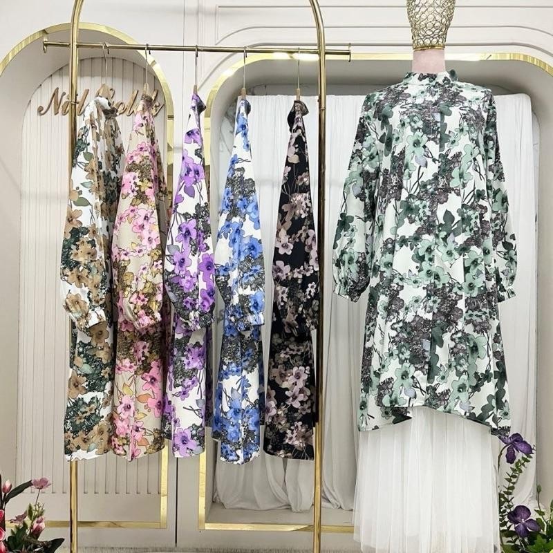 BLOUSE AURORA BAJU LABUH / KEMEJA LABUH MUSLIMAH BERCORAK P.7 MATERIAL MOSCREPE