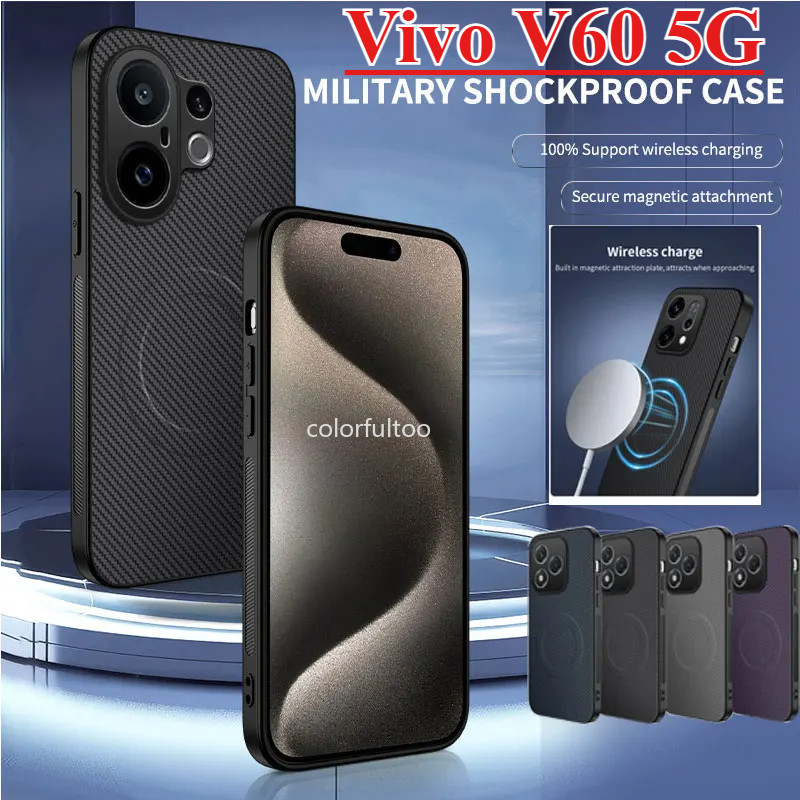 VivoV60 Matte คาร์บอนไฟเบอร์รูปแบบแม่เหล็กอ่อนไร้สายชาร์จเคสโทรศัพท์สําหรับ Vivo V60 V50 Lite V60Lite 4G 5G ปลอก TPU กันชนกล้องเลนส์ป้องกันกันกระแทกปกหลัง