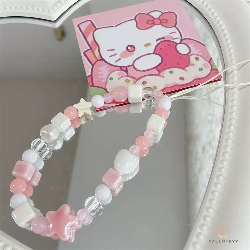 โซ่โทรศัพท์มือถือสีชมพู สายคล้องมือสายคล้องโทรศัพท์ลูกปัดลายการ์ตูนหัวใจผู้หญิง จี้กล้องโทรศัพท์ผู้หญิงกันการสูญหายสายรั