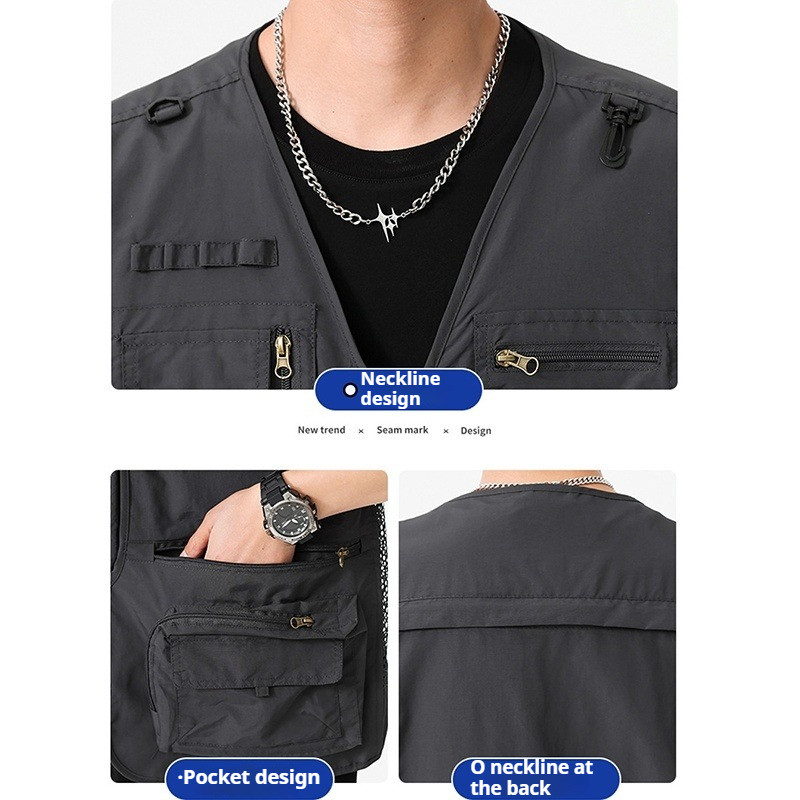 เสื้อกั๊กตกปลาสำหรับผู้ชาย - เสื้อแจ็คเก็ตแขนกุดมีหลากหลายกระเป๋า เหมาะสำหรับเดินป่า ตั้งแคมป์ และการถ่ายภาพ - รูปที่ 4