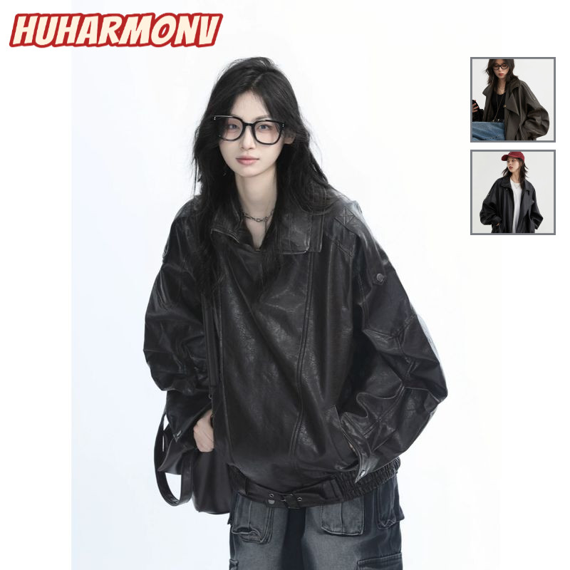 Ocshean เสื้อแจ็คเก็ตหนัง PU สีเขียวมะกอก สำหรับผู้หญิง แบบคอปกสูง