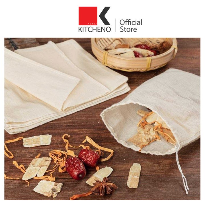 KITCHINO FB5 ถุงผ้าขาวบาง​ ผ้ากรอง แบบมีเชือก สำหรับต้มสมุนไพร ต้มยา กรองชา ถุงใส่เครื่องหอม เครื่องเทศ