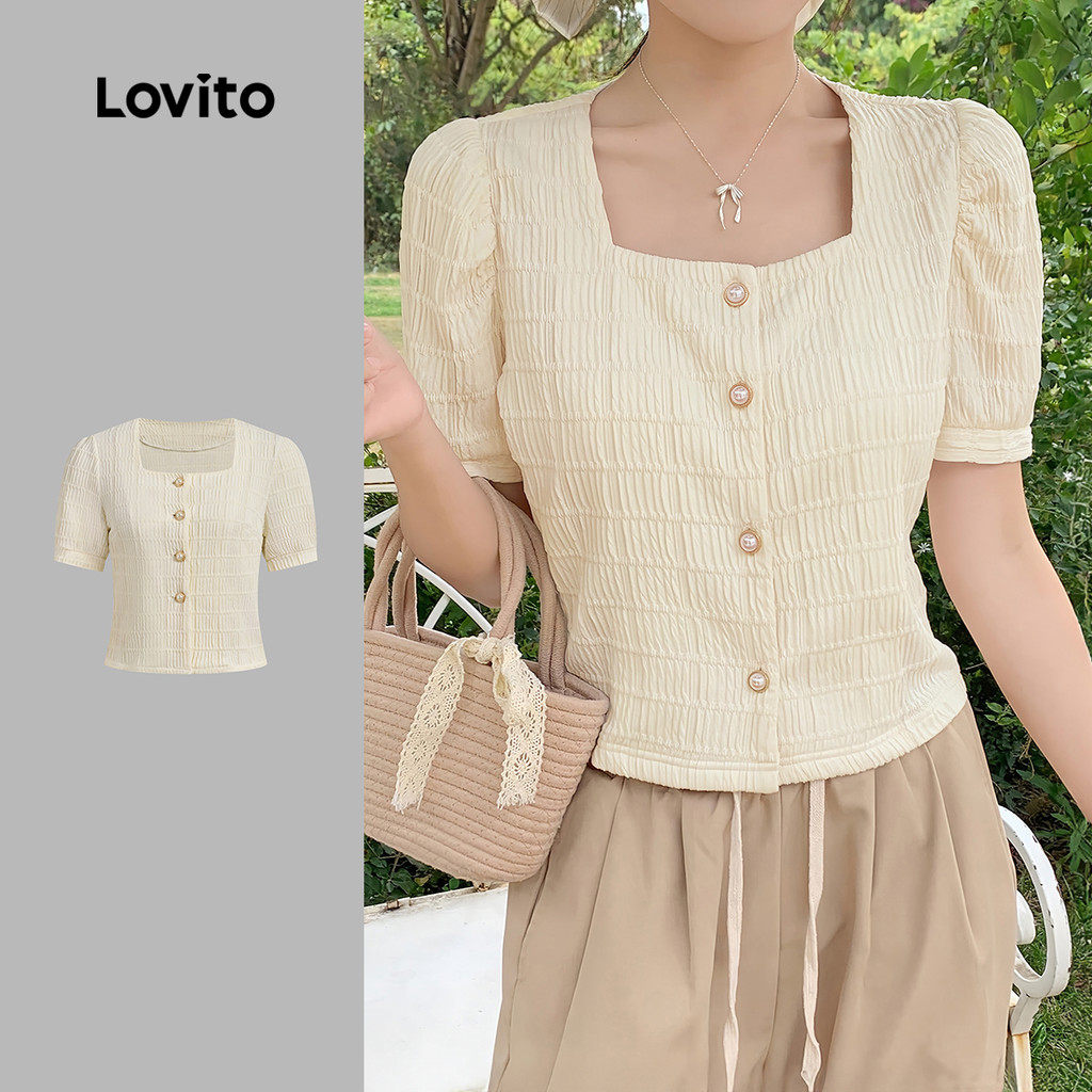 (New) Lovito เสื้อเชิ้ตลูกไม้ดีไซน์หรู ปุ่มแข็ง คอลเลกชันฤดูใบไม้ผลิ/ฤดูร้อน สีขาวออฟไวท์ สำหรับผู้ห