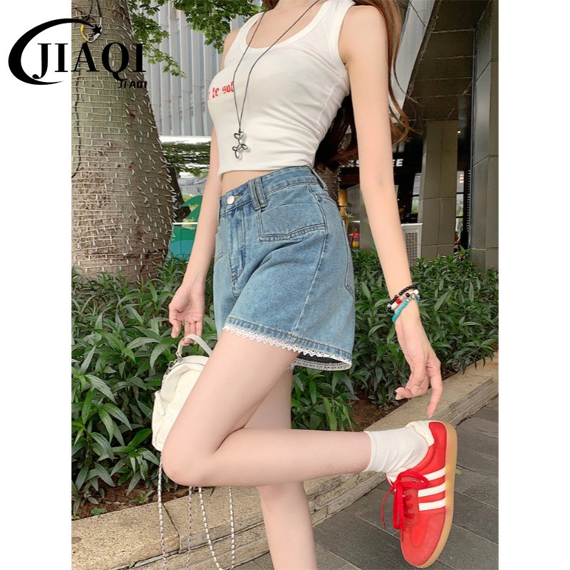 JIAQI✅กางเกงขาสั้นยีนส์เอวสูงสำหรับผู้หญิง👖ขอบลูกไม้ระบาย💫ผ้ายีนส์เนื้อนุ่ม🍒สวยมาก🎀สาวๆควรมี✨ทำให้ดูสูงและผอมมาก❤ S-5XL - รูปที่ 2