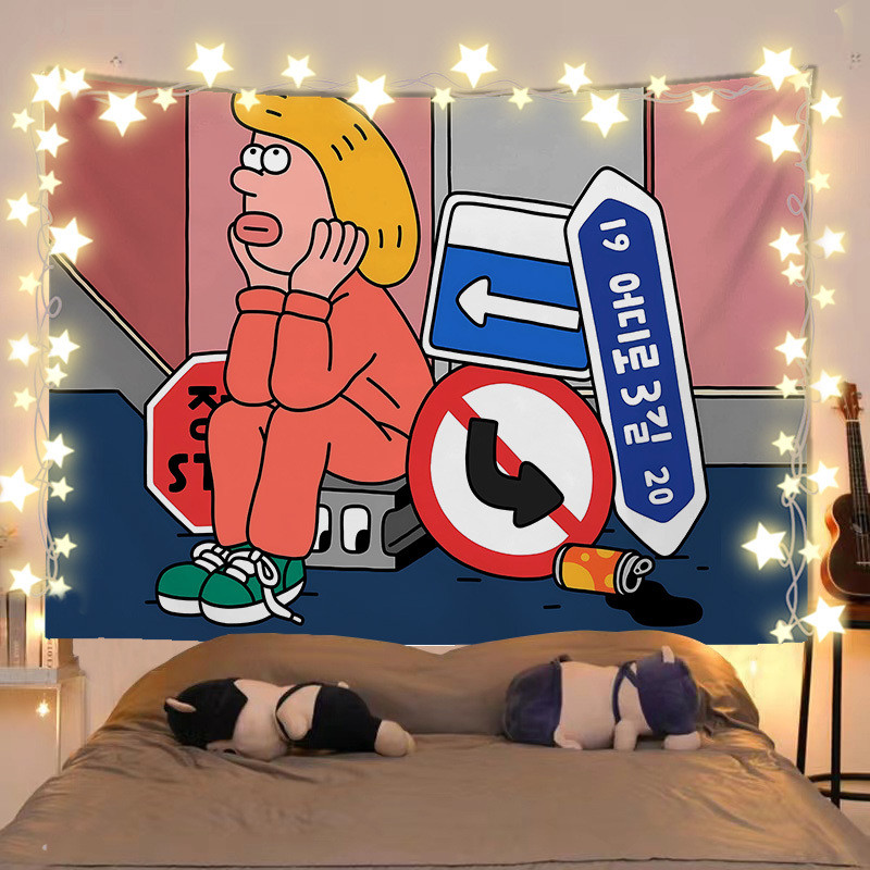 ศิลปะการ์ตูนภาพประกอบที่อบอุ่นรักษาตัวเองอินสไตล์พื้นหลังผ้าให้เช่าบ้านหอพักห้องนอนตกแต่งผนังผ้าพรม - รูปที่ 3