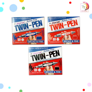 HORSE (ตราม้า) ปากกาเคมี 2 หัว มาร์คเกอร์ Twin-Pen Marker กันน้ำ เติมหมึกได้ ลบไม่ออก (12 ด้าม / กล่อง)