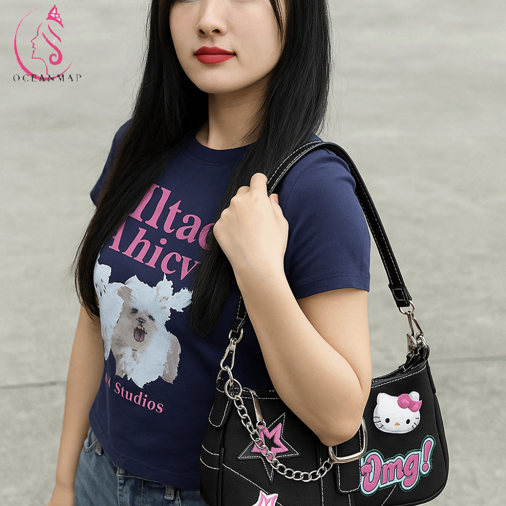 กระเป๋าคาดเอว OCEANMAP Hello Kitty สายโซ่ดาว สไตล์เกาหลี Kawaii ดีไซน์ทรงเหลี่ยมสีดำ สำหรับใช้งานนอกสถานที่และเทรนด์ Y2K