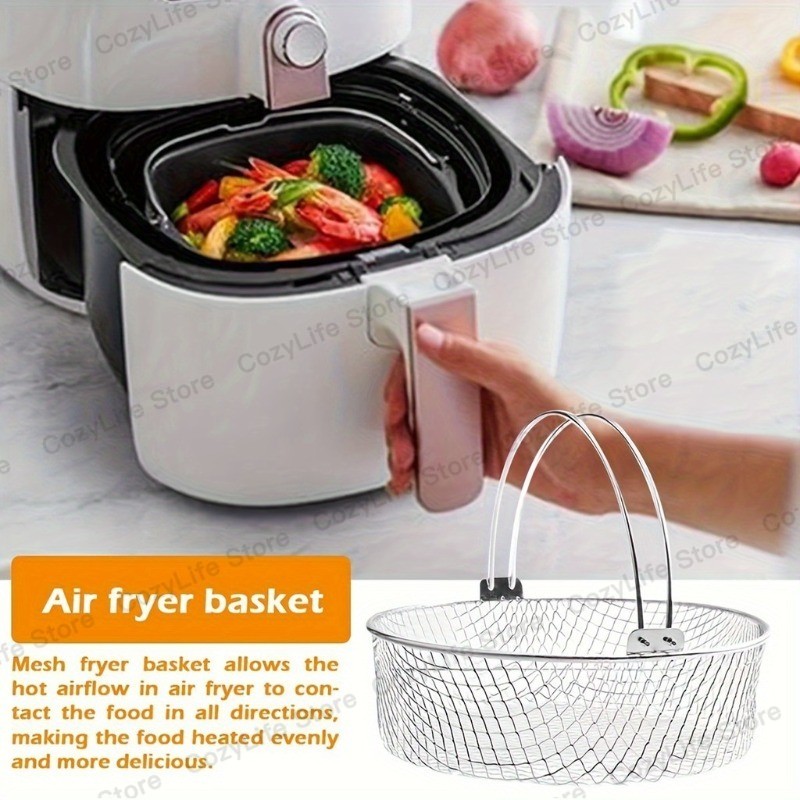 Air Fryer ตาข่ายตะกร้าสแตนเลส Air Fryer Steamer ตะกร้าพร้อมที่จับโลหะ Air Fryer Crisper ตะกร้าสําหรับ Home Kitchen