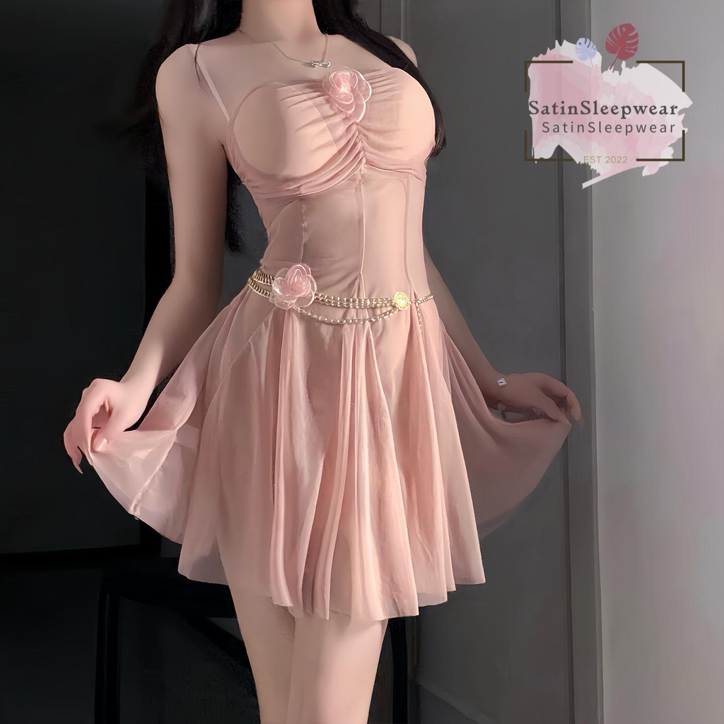 SatinSleepwear💞💞ชุดเดรสตาข่ายเซ็กซี่ ชุดนอนผู้หญิง ดีไซน์ช่วงอก ตกแต่งดอกไม้ จัดส่งจากประเทศไทย.
