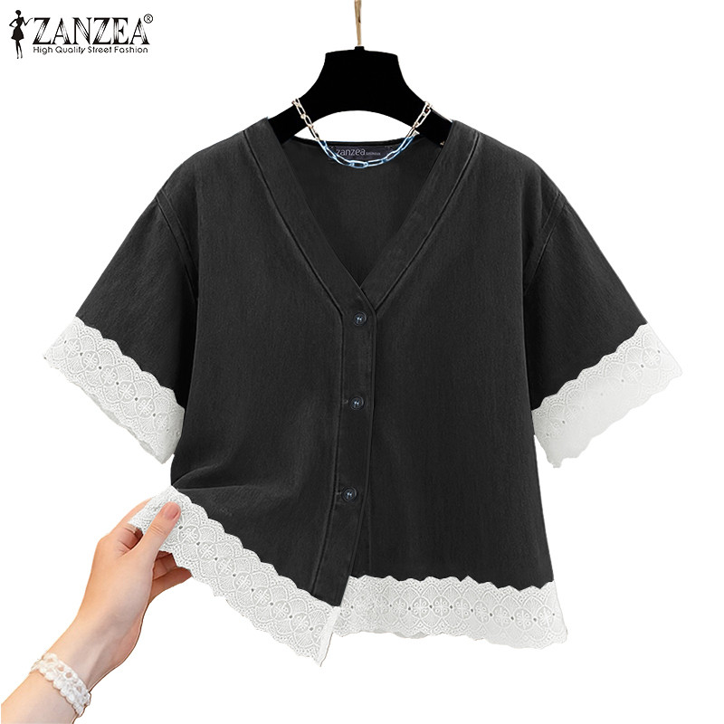 ZANZEA เสื้อลูกไม้วินเทจเกาหลี แขนสั้น พิมพ์ลายแพทช์เวิร์ค