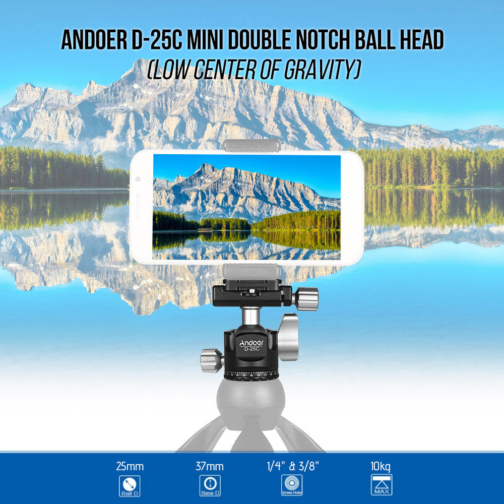 Seashorehouse-my Andoer D-25C CNC Machining อลูมิเนียม Double Notch Ball Head Mini Ballhead ศูนย์ถ่ว