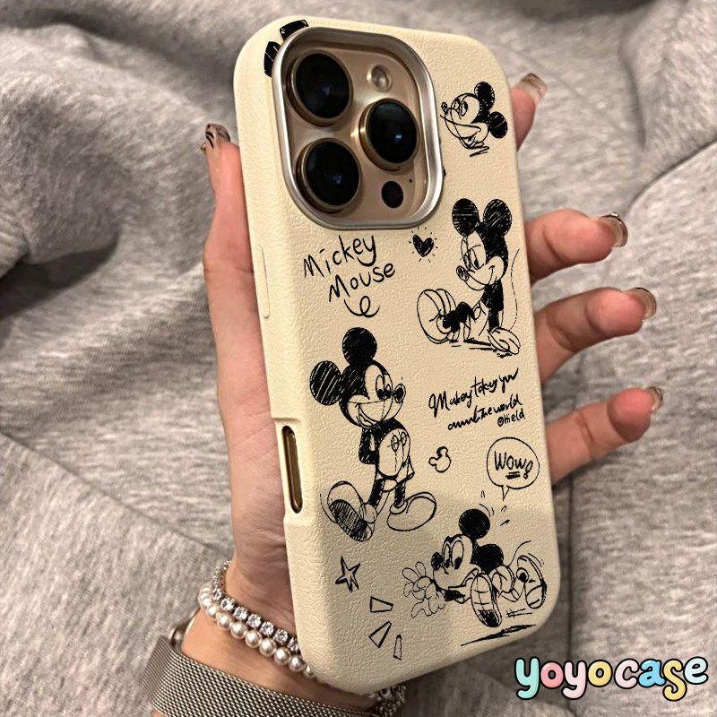 เคสไอโฟน 16 สำหรับ IPhone 11 12 13 15 Pro Max 16 15 Plus X XS XR MAX SE 2 3 ปกหนังลายกราฟฟิตี้น่ารักมิกกี้เม้าส์ภาษาอังก