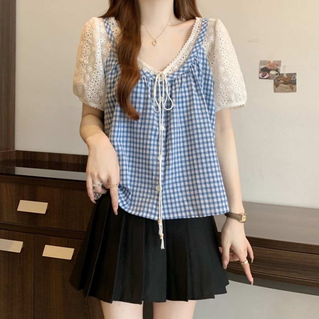 ส่งไวจากไทย Summer L-4XL ลายสก๊อตแขนสั้นลูกไม้เสื้อผู้หญิงแขนสั้นเสื้อยืดด้านบนบวกขนาดเกาหลีฤดูร้อนสุภาพสตรีหลวม