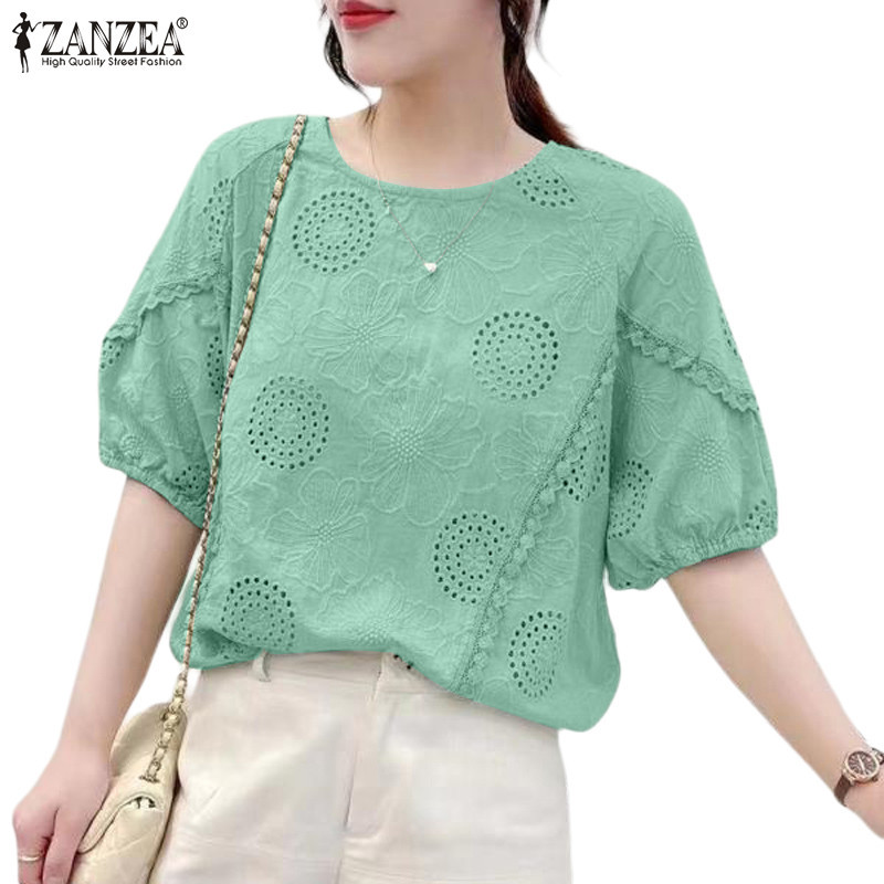 Zanzea ผู้หญิงเกาหลีคอลูกเรือ Patchwork 3/4 แขนยืดหยุ่นปุ่มเสื้อ