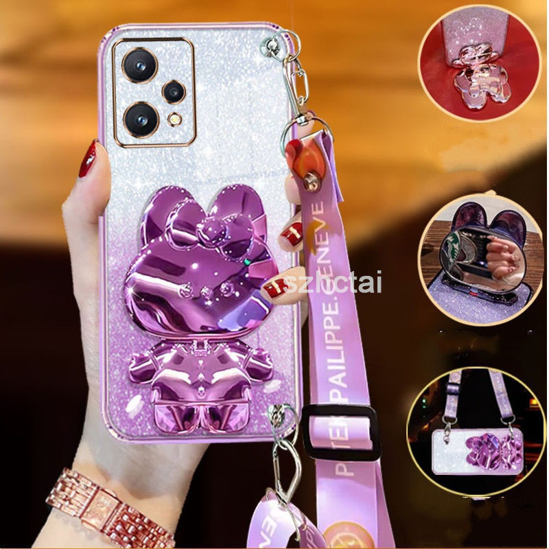 เคส Realme 9 Pro Realme 9 4G Realme 9 Pro Plus ที่อยู่อาศัยยาวสายรัดข้อมือสไตล์กับกระต่ายยืนกระจกแต่งหน้าหรูหรานุ่ม tpu กรณีโทรศัพท์ปกหลัง เคสโทรศัพท์ Realme 9 Pro Realme 9 4G Realme 9 Pro Plus