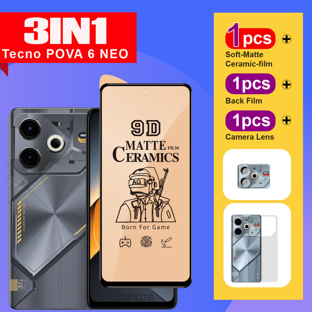 3in1 สําหรับ Tecno Pova 6 Neo กระจกนิรภัย Matte เซรามิคฟิล์มนุ่มสําหรับ Tecno Pova 6 Pro ป้องกันหน้า