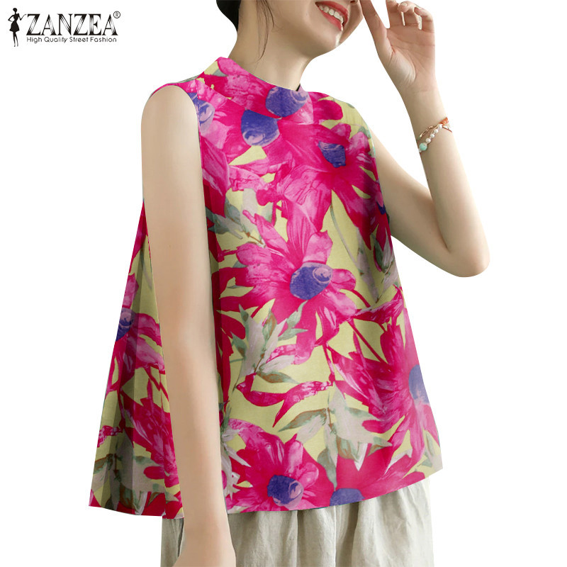 Zanzea ผู้หญิงเกาหลีคอกลมแขนกุดพิมพ์ลายดอกไม้ปุ่มชายเสื้อถัง