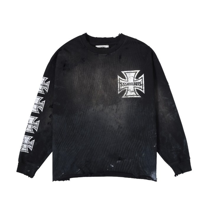 High street Sss * ant L0uis ทําความเสียหายสกปรกเสื้อยืดแขนยาวสําหรับผู้ชายและผู้หญิง street graffiti