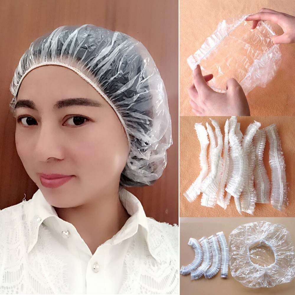100ชิ้น หมวกอาบน้ําแบบใช้แล้วทิ้งขนาดใหญ่หนาใสกันน้ําพลาสติกหมวกอาบน้ําผมยืดหยุ่น