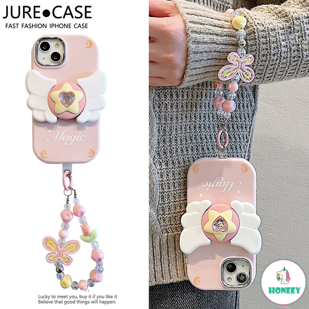 ญี ่ ปุ ่ นอะนิเมะน ่ ารัก 3D เพชรดาว Angel Wing ผู ้ ถือลูกปัด Charm ซิลิโคนสําหรับ Iphone 11 12 13 14 15Pro Max การ ์ ตูน Magic Wand สีชมพูฝาครอบ