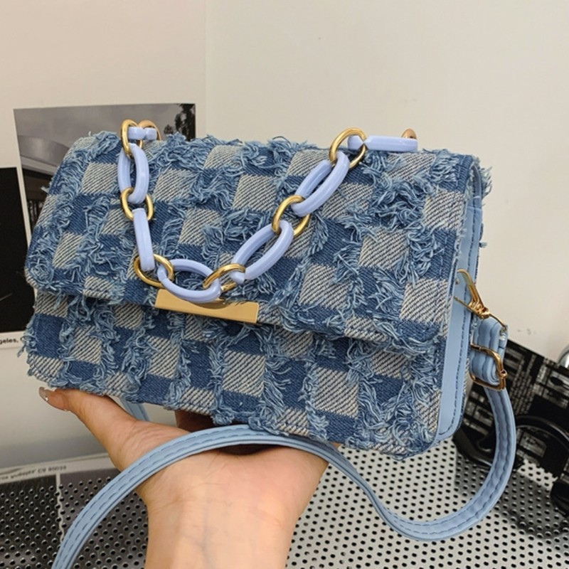 Sweetyvic Checkered กางเกงยีนส์ Flap กระเป๋าสะพายกระเป๋าถือโซ่ปรับสายรัด Denims Tassels กระเป๋าสะพายข้างสําหรับ