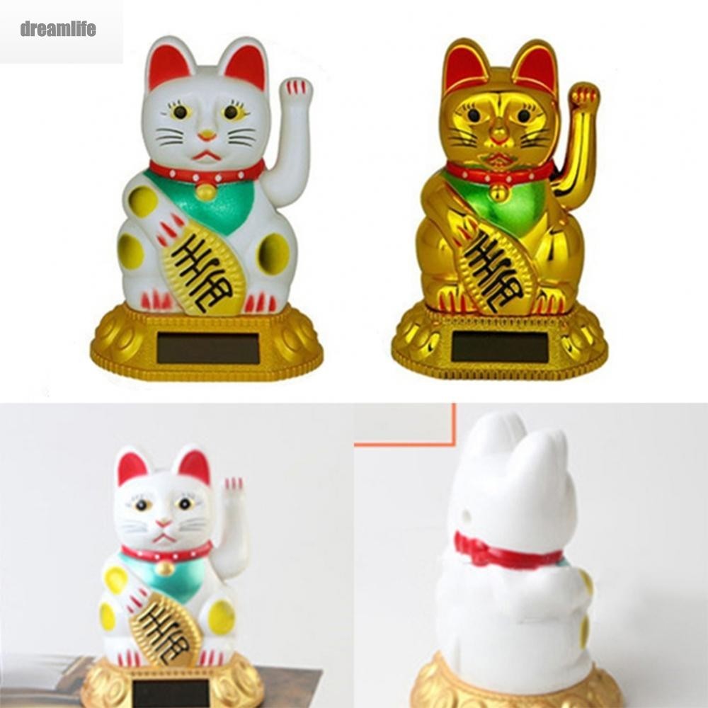 Waving Solar Powered Chinese Fortune Gold Maneki Neko ขาตั้งสีทองและเอี๊ยมสีเขียว