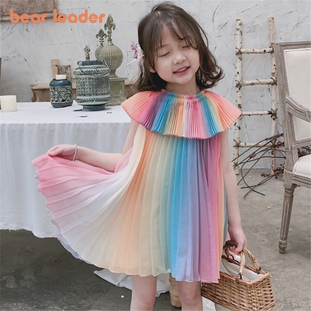 Bear Leader เวอร์ชั่นเกาหลีเสื้อผ้าเด็กผู้หญิง 2 ถึง 7 ปีฤดูร้อนใหม่ Rainbow ชุดจีบปก Sleveless ชุดเด็ก