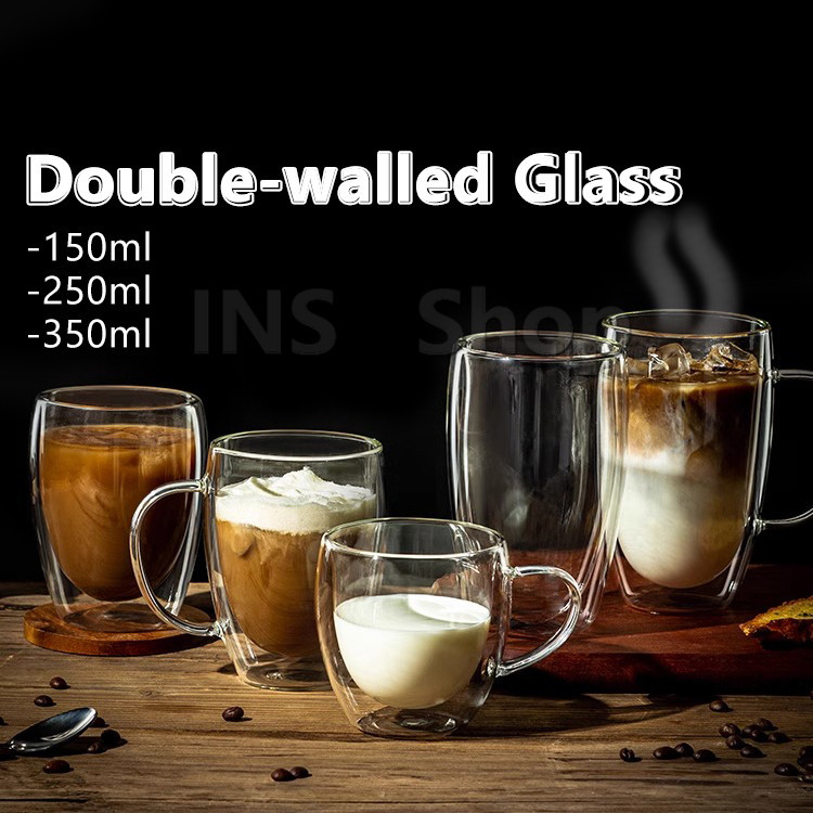 แก้วกาแฟทนความร้อนสองชั้น ถ้วยใส ถ้วยเครื่องดื่มน้ำร้อน น้ำเย็น  glass