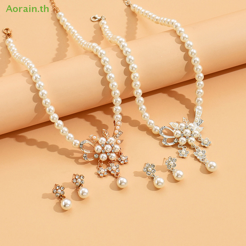 # Hot Fashion # 1Set Women Necklace Beaded Glossy Faux Pearls Rhinestone ฝังดอกไม้เจ้าสาวสร้อยคอต่างหูสตั๊ดชุด ราคา ถูกที่สุด ดีลบีเคเค แกลเลอรีภาพที่ 4