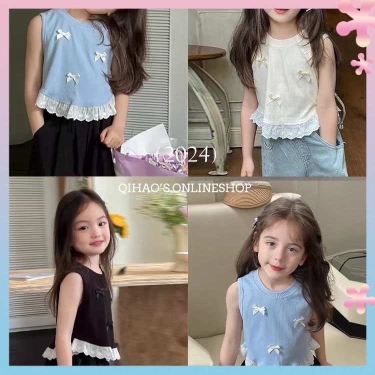 Girls' Korean-Style Bow Vest Summer New Children's Sweet Stitching Lace SleevelessTShirt Trendy