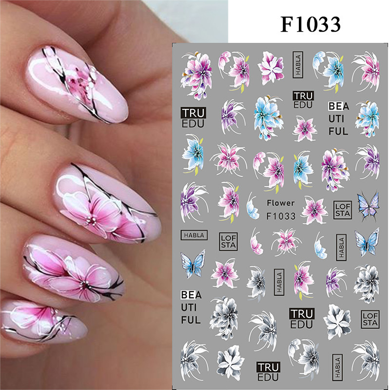 3d ลูกไม้ดอกไม้เล็บสติกเกอร์สีม่วงดอกไม้ฝรั่งเศสผีเสื้อฤดูร้อนเล็บ Decals ตกแต่งกาว Slider เล็บ
