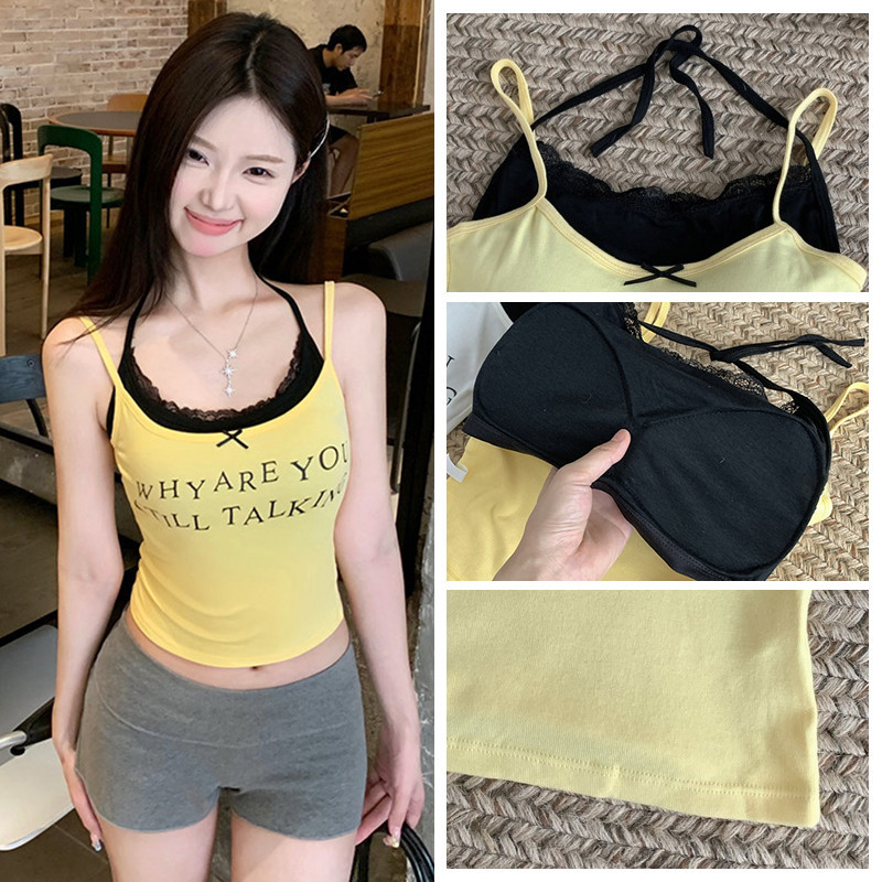 สไตล์อเมริกัน Retro Camisole ผู้หญิงเซ็กซี่ร้อนสาวปลอม 2 ชิ้น Bottoming เสื้อ JN
